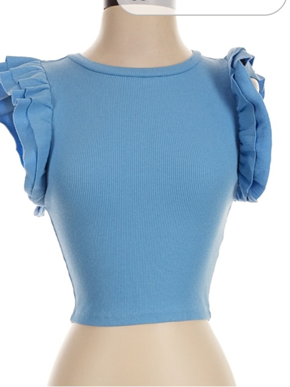 Zara Light Blue Ribbed Ruffle Sleeve Top